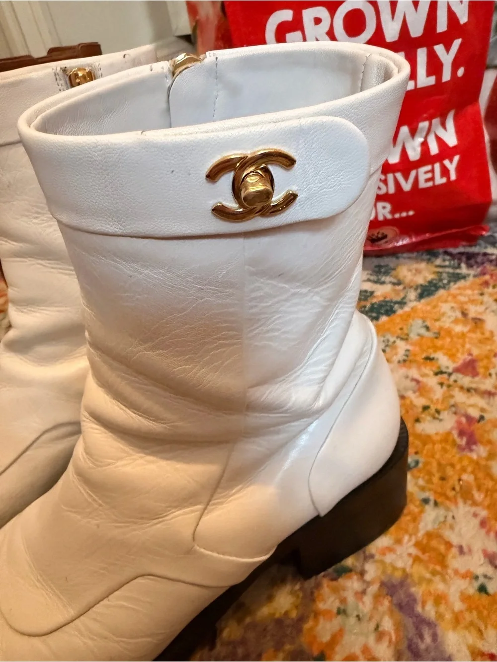 CHANEL White Leather Ankle Boots with Black Cap Toes